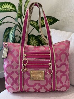 Y2K Coach Poppy Op Art Pink Signature Jacquard Tote Shoulder Bag Purse #13826